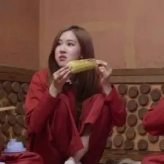 😳 woman, eating, corn, red outfit telegram sticker