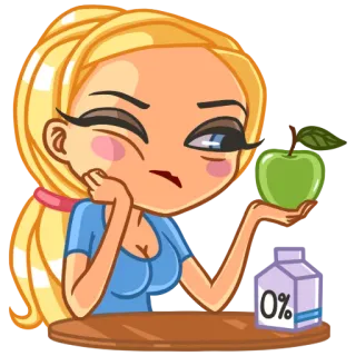 🍏 0% Cartoon, Frau, Apfel, Milch, Diät, Gesund, Essen telegram sticker