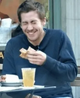 ✊️ Mann, Essen, Sandwich, Lachen, Tisch, Draußen, Lässig, Person telegram sticker