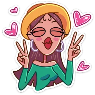 ✌️ мультфильм, женщина, знак мира, сердечки, девушка, шляпа, стикер whatsapp sticker