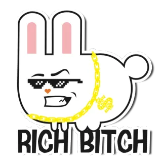 😎 RICH BITCH conejo, cadena de oro, rico, gafas de sol, dinero, dibujos animados, personaje telegram sticker