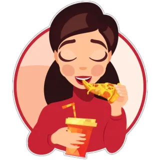 🤤 kreskówka, kobieta, je pizzę, napój, jedzenie, pizza, szczęśliwy whatsapp sticker