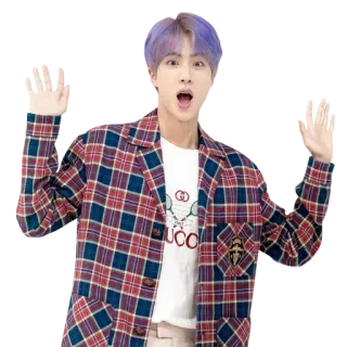 🙌 Jin K-pop, певец, артист, человек, фиолетовые волосы, мужчина, открытый рот, поднятые руки whatsapp sticker
