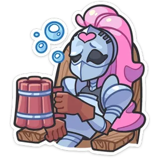 🥴 knight, armor, pink hair, fantasy, cartoon, drinking, alcohol, sitting telegram sticker