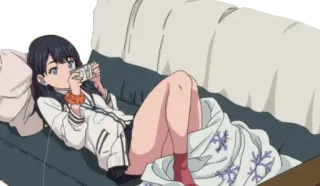 🦵 Anime, Mädchen, Couch, Kopfhörer, Ausruhen, Decke telegram sticker