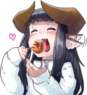 🍢 anime girl, eating, horn, cute, happy, cartoon, food, illustration telegram sticker