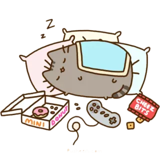😴 Pusheen 猫, 睡眠, ドーナツ, cheez bits, ゲーム, 漫画 telegram sticker