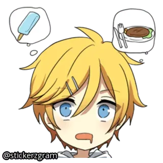 🍽 @stickerzgram Аниме, Стикер, Еда, Мороженое, Стейк, Думает, Мультфильм, Блондин telegram sticker