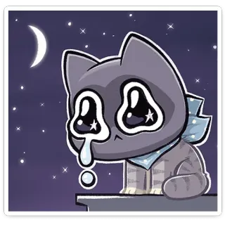 ⭐ แมว, ร้องไห้, เศร้า, พระจันทร์, กลางคืน, น่ารัก telegram sticker