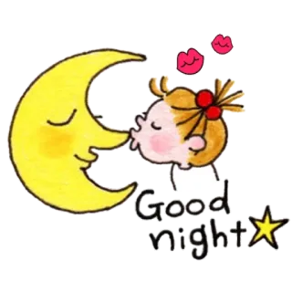 🌙 Good night boa noite, lua, beijo, desenho animado, garota, estrelas whatsapp sticker