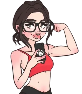 😛 cartone animato, ragazza, fitness, selfie, occhiali, top rosso, bruna, donna telegram sticker
