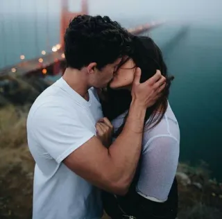 💋 beso, pareja, romance, amor, relación, afecto, puente golden gate, niebla telegram sticker