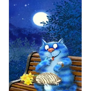 😴 cat, moon, bench, croissant, flowers, cartoon telegram sticker