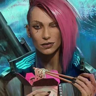 😁 V Cyberpunk 2077 cyberpunk, video game, pink hair, cybernetic, future, character telegram sticker