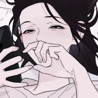 🎐 anime meisje, glimlachend, telefoon, liggend, casual, blij whatsapp sticker