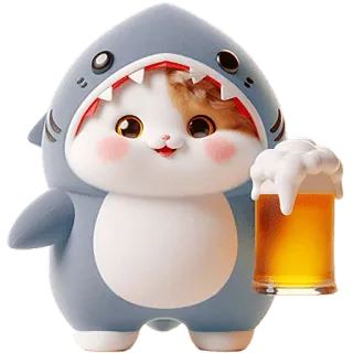 🍺 gato, tiburón, cerveza, lindo, animal, bebida, disfraz whatsapp sticker