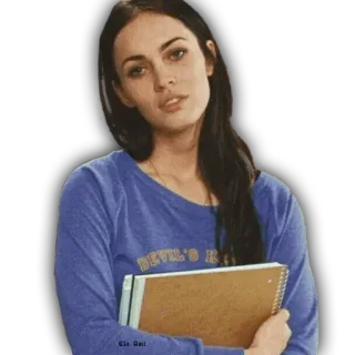 😶 DEVIL'S RUN Megan Fox, Schauspielerin, Film, blaues Hemd, Notizbuch telegram sticker