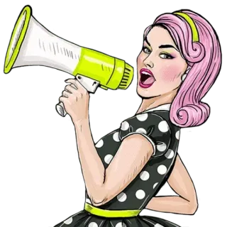 📢 Frau, Megaphon, Retro, Vintage, Kommunikation, Pop Art, Ankündigung, Lautsprecher telegram sticker