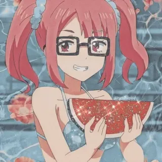 🙂 anime, girl, swimsuit, watermelon, glasses, summer telegram sticker