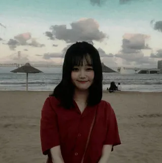 ☘ beach, woman, sunset, red shirt, pretty, asian telegram sticker