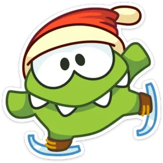 🐸 мультфильм, Ом Ном, катание на коньках, зима, зеленый, милый telegram sticker