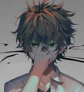 😕 anime, anak laki-laki, mata hijau, wajah tertutup, tangan, potret telegram sticker