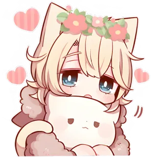 🥺 Anime, Kawaii, Mignon, Coeur, Chat, Autocollant, Couronne florale, Cheveux blonds telegram sticker