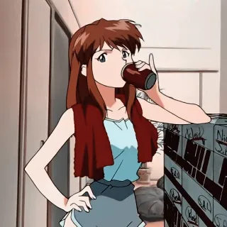🧃 Misato Katsuragi Neon Genesis Evangelion anime, woman, drinking, cartoon, evangelion telegram sticker