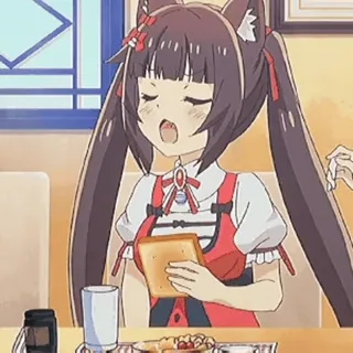 😒 anime girl, cat ears, eating, toast, breakfast, kawaii, cute telegram sticker