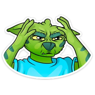 😐 verde, peludo, pensando, desenho animado, personagem, chateado, preocupado whatsapp sticker