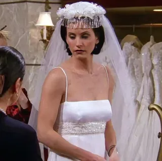😕 Monica Geller Friends mariage, robe, mariée, voile, série TV, sitcom, Friends, Monica Geller, robe de mariée whatsapp sticker