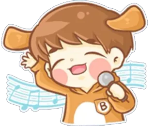 🎤 การ์ตูน, ร้องเพลง, เพลง, ไมโครโฟน, มีความสุข, น่ารัก, หูสุนัข, เด็กผู้ชาย telegram sticker
