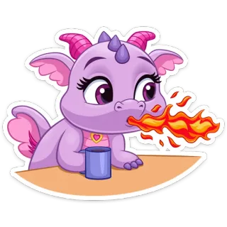 🥴 dragão, fofo, desenho animado, fogo, roxo, rosa, xícara, animal whatsapp sticker