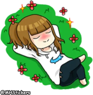 ☺️ @MHStickers sticker, cartoon, relaxing, flowers, lying down, grass telegram sticker