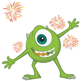🎊 Mike Wazowski Monsters, Inc. monster, cartoon, grün, figur, lächeln, feuerwerk, feier telegram sticker