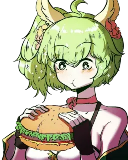 🤤 anime, girl, burger, food, cute, green hair telegram sticker