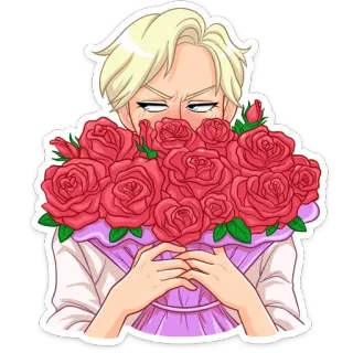 💐 hoa, hoa hồng, bó hoa, anime, manga, nhân vật, tóc vàng, quà tặng whatsapp sticker