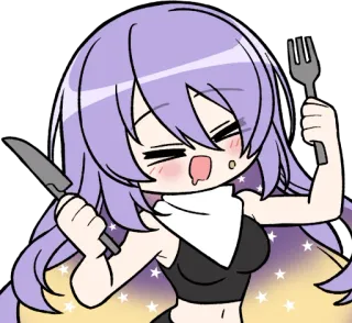 😄 Anime, Meisje, Hongerig, Eten, Cartoon, Mes, Vork telegram sticker