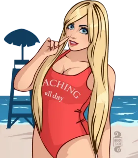 ☝️ BEACHING all day playa, socorrista, traje de baño, verano, mujer, dibujos animados telegram sticker