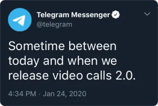 📹 Sometime between
today and when we
release video calls 2.0. telegram, video calls, social media, technology telegram sticker