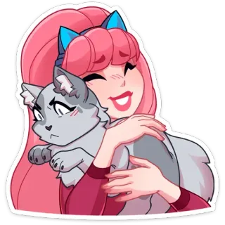 🤗 动漫女孩, 猫, 宠物, 可爱, 卡通, 粉色头发, 蓝色蝴蝶结 whatsapp sticker