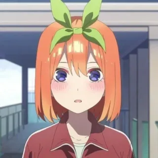 🍑 Yotsuba Nakano The Quintessential Quintuplets animé, fille, cheveux orange, ruban vert, dessin animé, personnage telegram sticker