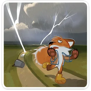 🦊 zorro, tormenta, lluvia, rayo, asustado, dibujos animados, animal telegram sticker