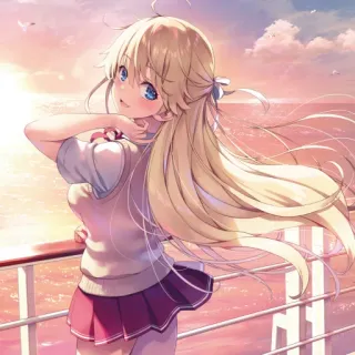 📕 Anime, Fille, Blonde, Mer, Coucher de soleil, Mignon telegram sticker