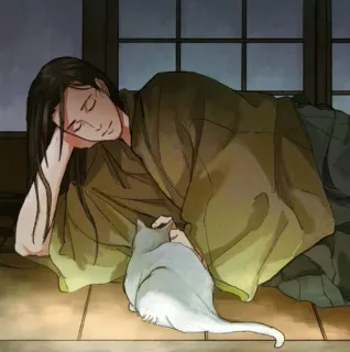 🥰 hombre, gato, durmiendo, relajación, interior, kimono, mascota, pacífico telegram sticker