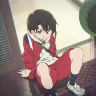 🍓 anime, boy, sitting, red jacket, camera, cartoon telegram sticker