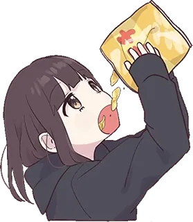 🍟 garota, comendo, batatas fritas, lanche, anime, desenho animado telegram sticker