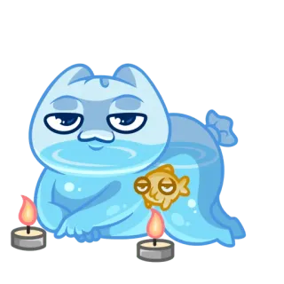 😏 고양이, 물고기, 양초, 만화, 물, 자는, 귀여운 telegram sticker