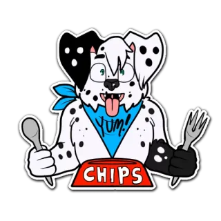 🍽 YUM! CHIPS perro, dálmata, comida, patatas fritas, mono, dibujos animados, gracioso, animal whatsapp sticker