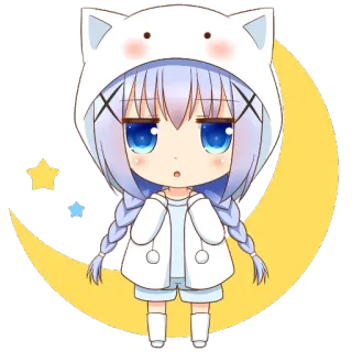 😯 Anime, Fille, Lune, Mignon, Chibi, Kawaii, Étoiles whatsapp sticker